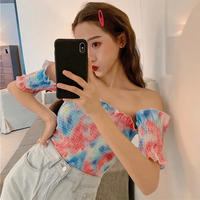 О Женская тема сексуальный топ женский цветной принт с открытыми плечами