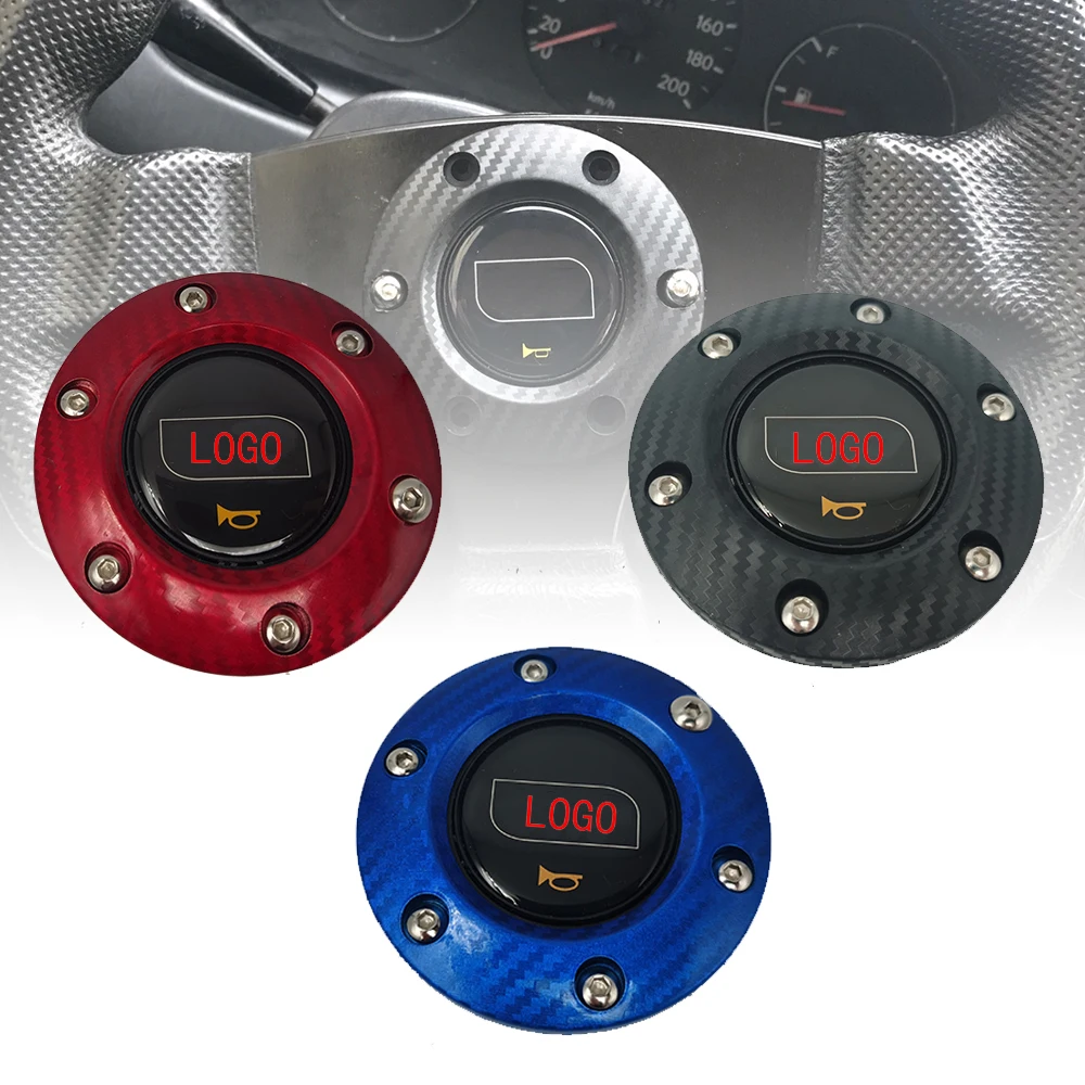 

Universal Car Styling Black/Red/Blue Racing Car Steering Wheel Horn Button + Carbon Fiber