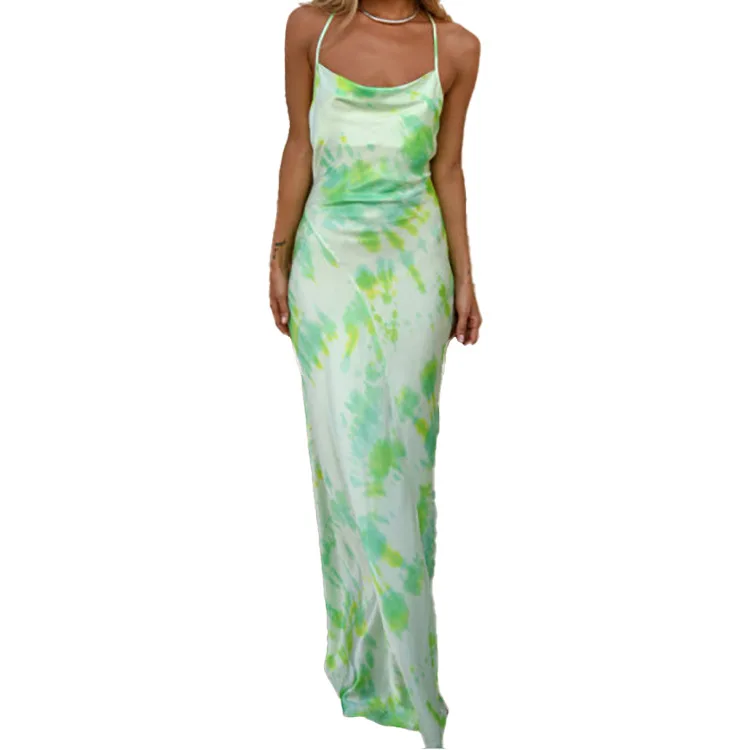 

2021 new women's sexy suspender long skirt halter low-cut skirt European and American print dress