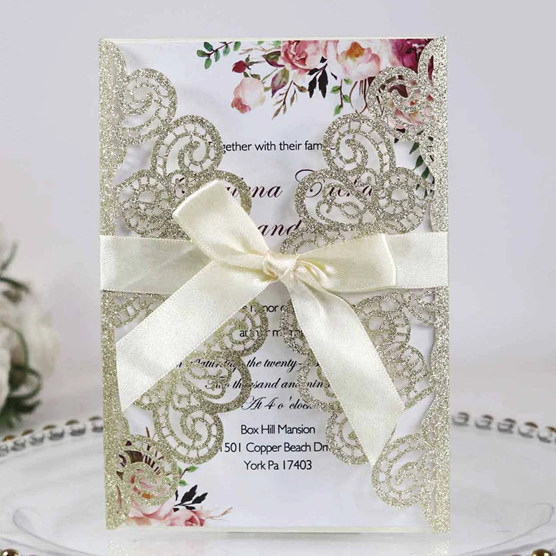 50 шт. блестящие бумажные Пригласительные открытки с лентой лазерной резкой