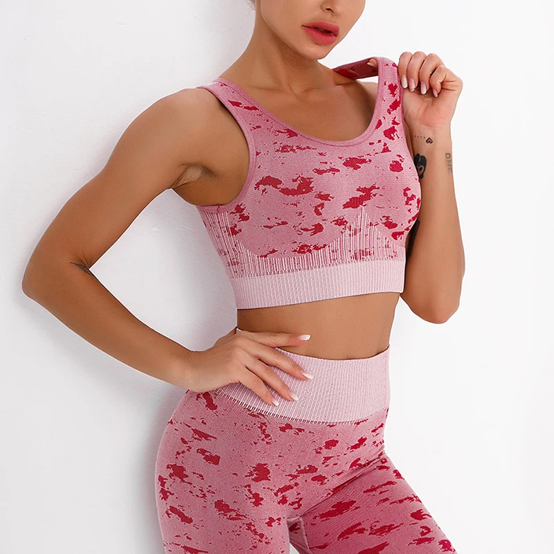 

Quick Drying Back Exercise Yoga Suit Outdoor Fitness Seamless Jacquard Camouflage Vest Workout Sport Bra Gym Set