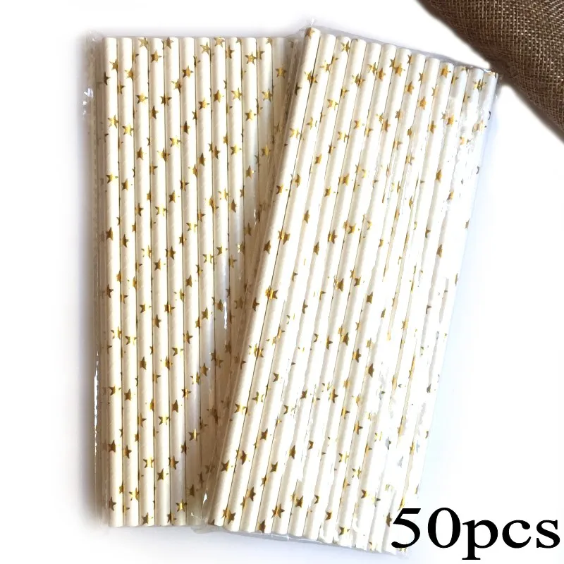 Foil Gold Star 50 шт./лот фольги в золотую полоску бумажные соломинки для детей с днем рождения свадьбы рождества украшения творческие флаги события вечерние принадлежности - Цвет: Foil Gold Star
