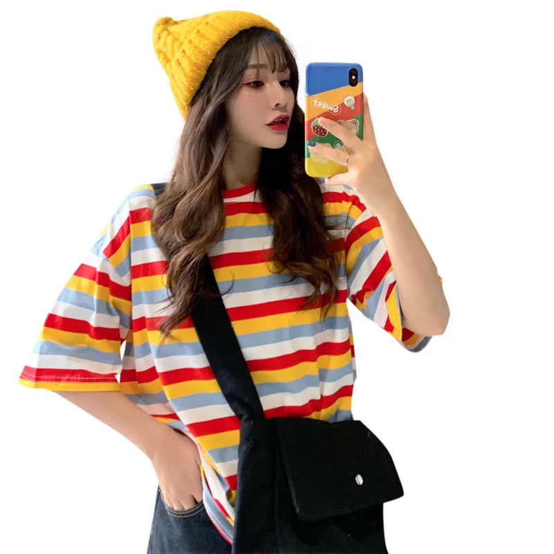 

[6535 cotton] 2020 summer short-sleeved T-shirt women's new Korean version of college style rainbow stripe long top