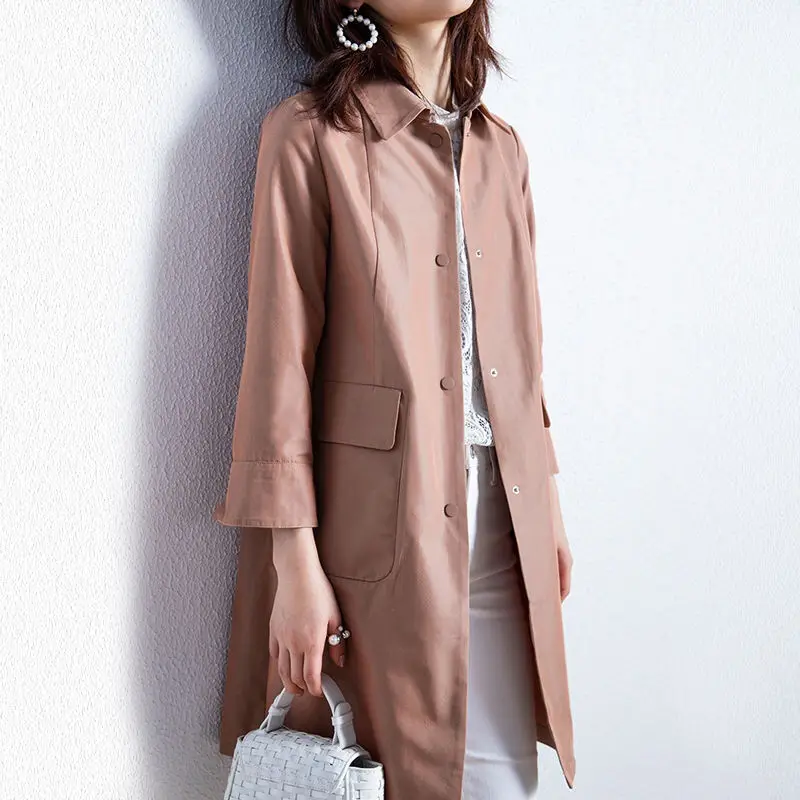 

Cotton 100% Solid Pink Women Trench Coats Winter New 2021 Turn-Down Collar Long-Sleeved Straight Casual All Match Female Tops