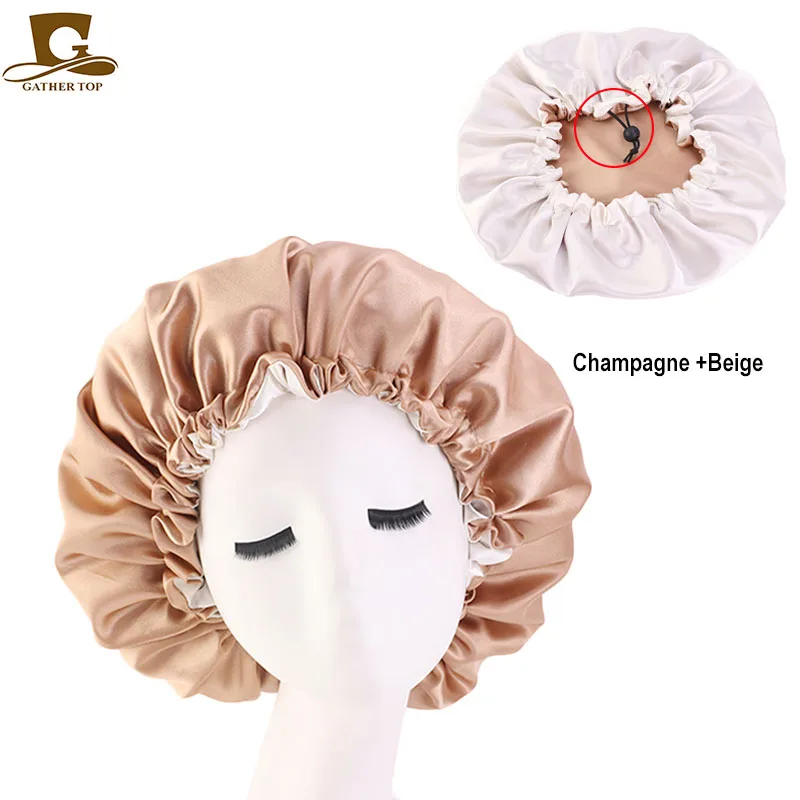 

Adjust Reversible Satin Bonnet Hair Caps Double Layer Sleep Night Cap Head Cover Hat For Curly Springy Hair Styling