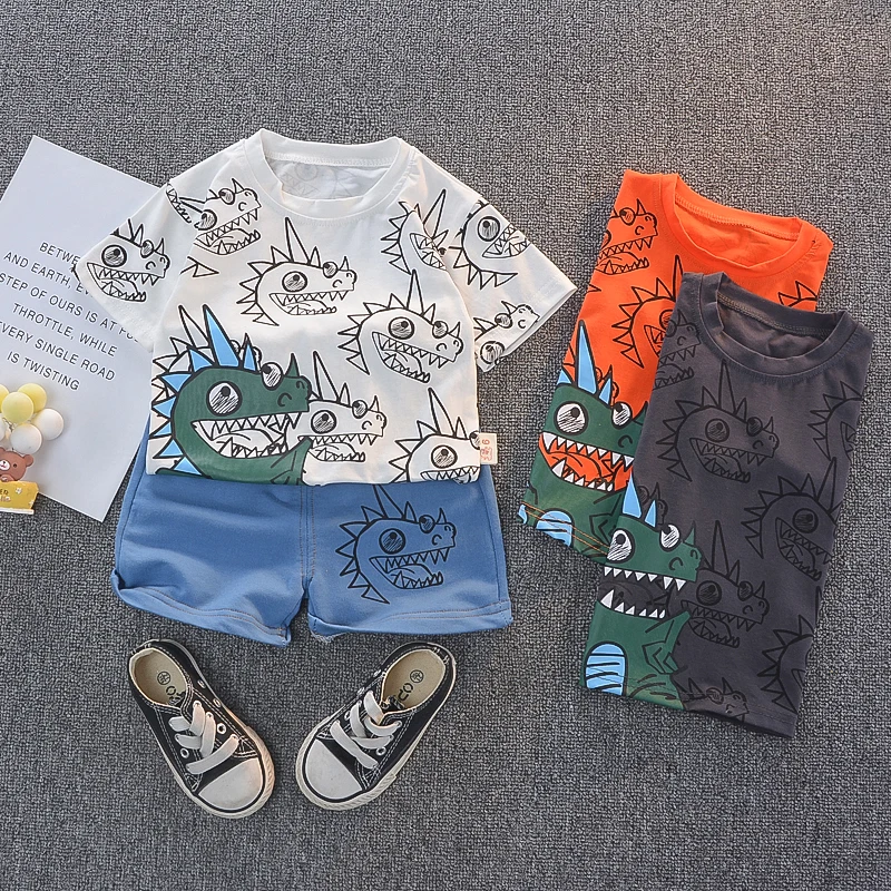 

2021 Summer Baby Boy Clothing Sets Cartoon Dinosaur Brand Boys Girl Clothes 1 2 3 4 Years Kids Set Cotton T-shit + Shorts 2pc