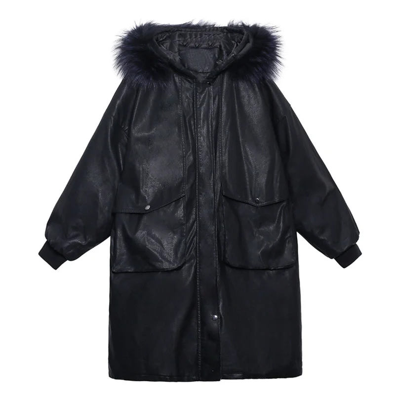 

Winter Motorcycle Leather Jacket Women High Street Add Cotton Oversized Fashion Thickened Real Mink Fur Collar Veste Femme