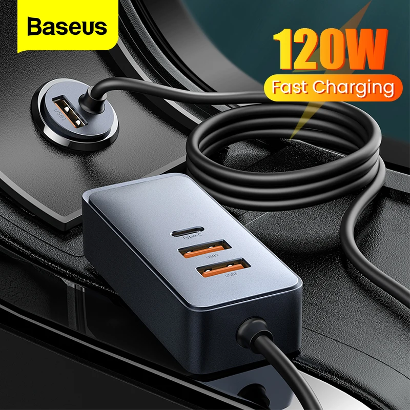 Автомобильное зарядное устройство Baseus, 120 Вт, USB Type C, Разветвитель Прикуривателя USBC QC 3,0 PD 3,0 Для iPhone 12 Pro Max Samsung - изображение