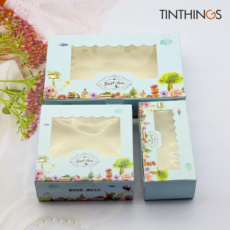 

100PCS Paper Gift Box With Window Birthday Wedding Favors Gift Candy Box Blue Cookie Cake Decorating Baking Cupcake