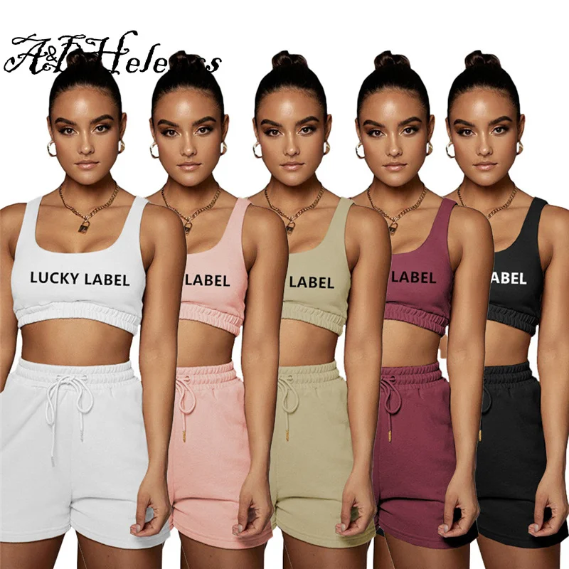 

A&BHelenss LUCKY LABEL Embroidery Tracksuit Women Sportwear Two Piece Sets Crop Top + Biker Shorts Matching Fitness Jogger Set