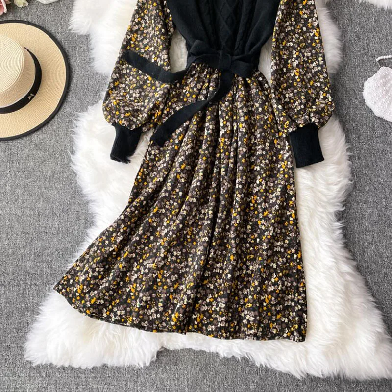 

Vintage Fake Two Floral Print Dress Women 2021 Autumn Lantern Sleeve Ladies A-line Elegant Midi Dress Bandage Vestidos