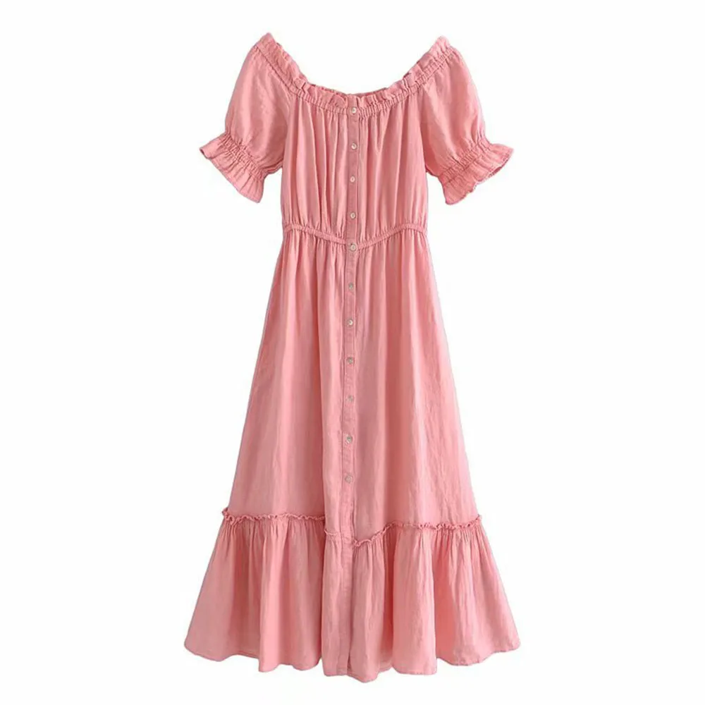

ZA new women's clothing all-match sweet temperament sexy off-shoulder flared sleeve layered decorative linen dress