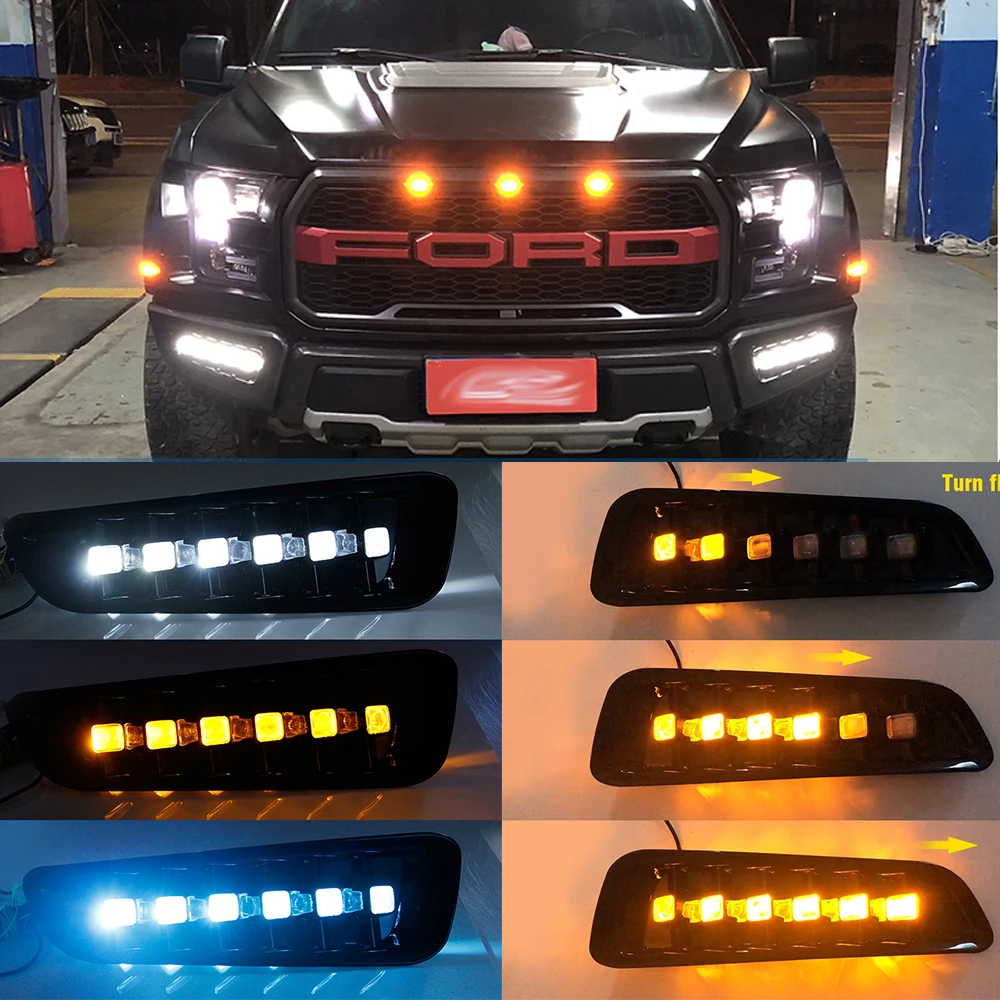 

2 шт. для Ford F150 Raptor 2016 2017 2018 светодиодный сигнал поворота автомобильная лампа DRL 12 в светодиодный ные дневные ходовые огни противотуманная ла...