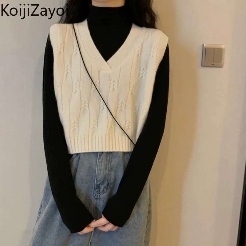 

Koijizayoi Knitted Women Autumn Winter Sweater Vest Solid Fashion Ladies Casual Loose V Neck Tanks Sleeveless Cropped Camis