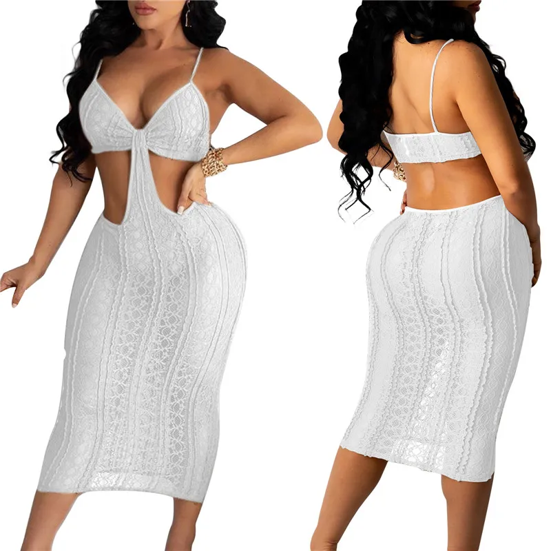 

Женское кружевное платье на бретелях, однотонное облегающее платье средней длины с открытой спиной, без рукавов, с вырезами, для вечерние, л...