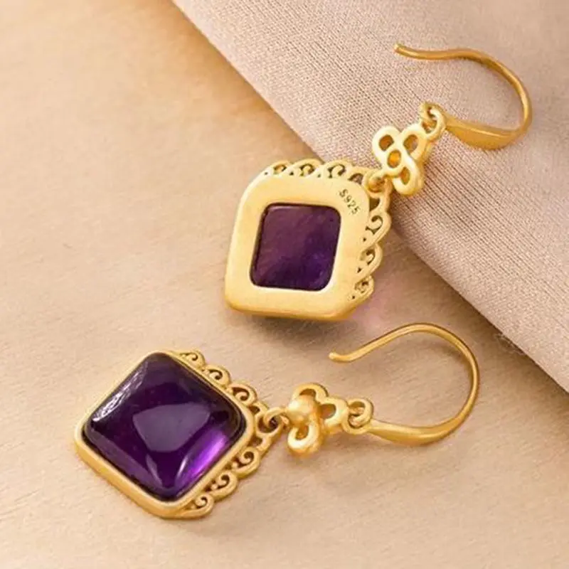 S925 Sterling Silver Gold-Plated Natural Hetian Jade Personality Pattern Geometric Women's Elegant Earrings Eardrop Earring New |