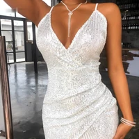 women summer sexy deep v neck dress autumn sequined backless mini bodycon party dresses new year club wear white female