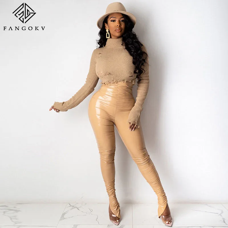 

Fall Clothing Women's Trousers High Waisted Pleated Leggings Pu Leather Pants With Slit