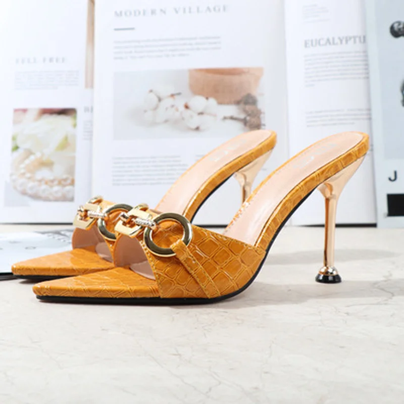 

Women's Sandals 2021 Summer New Square Toe Open Toe Chain Super High Heel Sandals Stiletto Outer Fashion Slippers