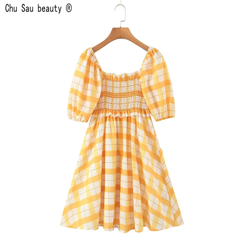 

Женское винтажное платье с оборками, эластичное облегающее платье во французском стиле с квадратным вырезом, пышными рукавами и клетчатым ...