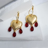 lifefontier vintage love heart metal drop earrings for women red crystal pendant gold color alloy dangle earrings trendy jewelry