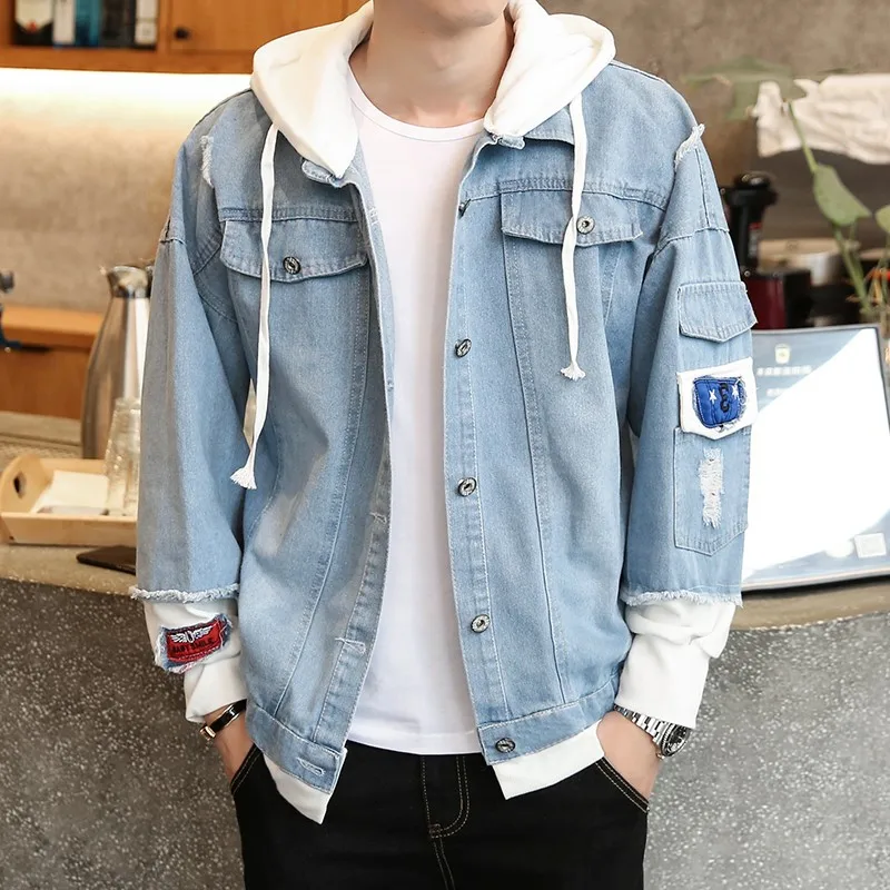 

2020 New hooded denim jacket men fashion fake two pieces patchwork denim coat streetwear casual hole jacket mens denim clotheing