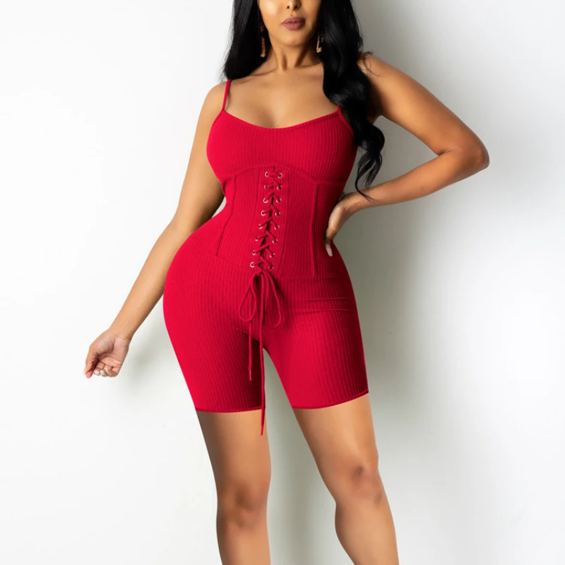 

Female Summer Club Fitness Romper Sling V-neck Slim Fit Jumpsuits Shorts Women Solid Lace-up Playsuits Overalls Home Tracksuits