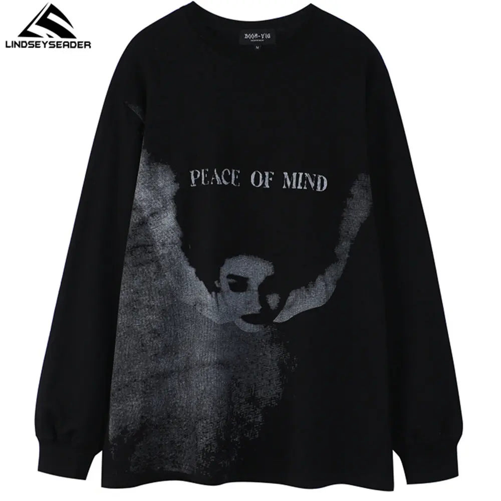 

Autumn Tops Men's T-shirt Peace of Mind Women Printed Hip Hop Oversized Streetwear Harajuku Full Sleeve T Shirt Cotton Clothing