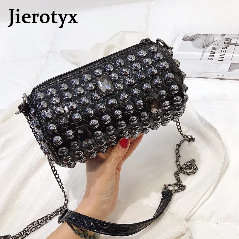 JIEROTYX Punk Style Women Bag with Rivet Messenger Bags Chain Shoulder Barrel-Shaped Female Cross Body Purse | Багаж и сумки