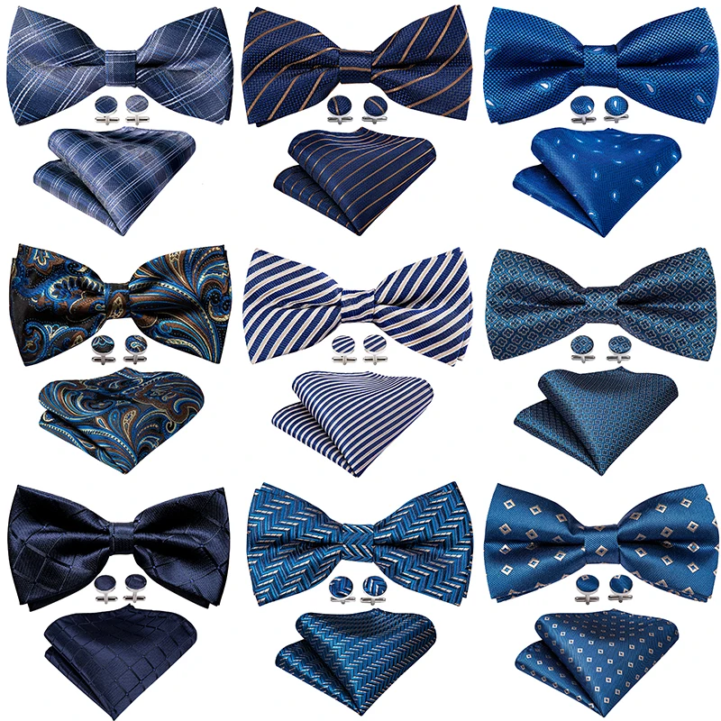 

Blue Pre-Bow Tie For Men's Bowtie Silk Jacquard Plaid Bows Pocket Cufflinks Set Male Butterfly Party Wedding Barry.Wang