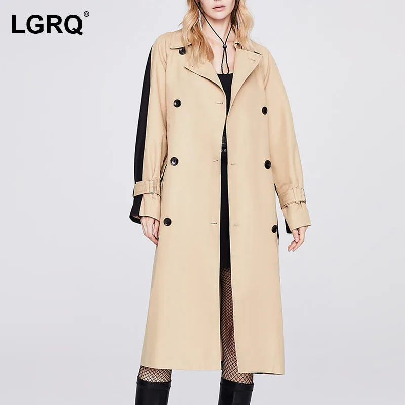 

[LGRQ] Color Contrast Belt Double Breasted Trench New Lapel Long Sleeve Women's Windbreaker Fashion Spring Winter 2021 19D4065