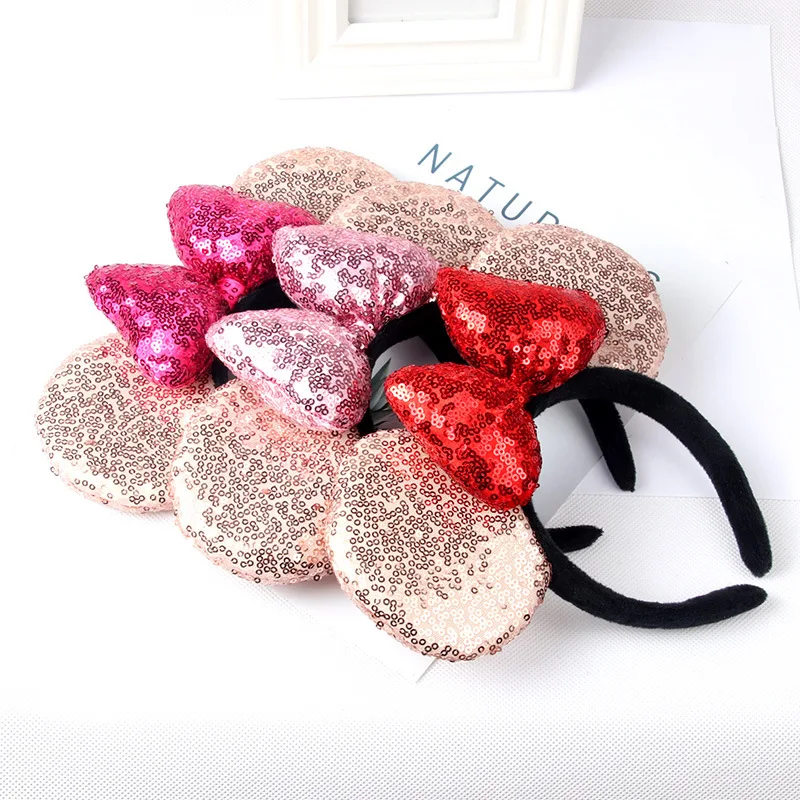 Diadema de Navidad con orejas de Minnie Mouse para mujer, cinta para el pelo con lazo de lentejuelas gruesas, accesorios para el cabello para ni&ntilde;a, fiesta de cumplea&ntilde;os-5