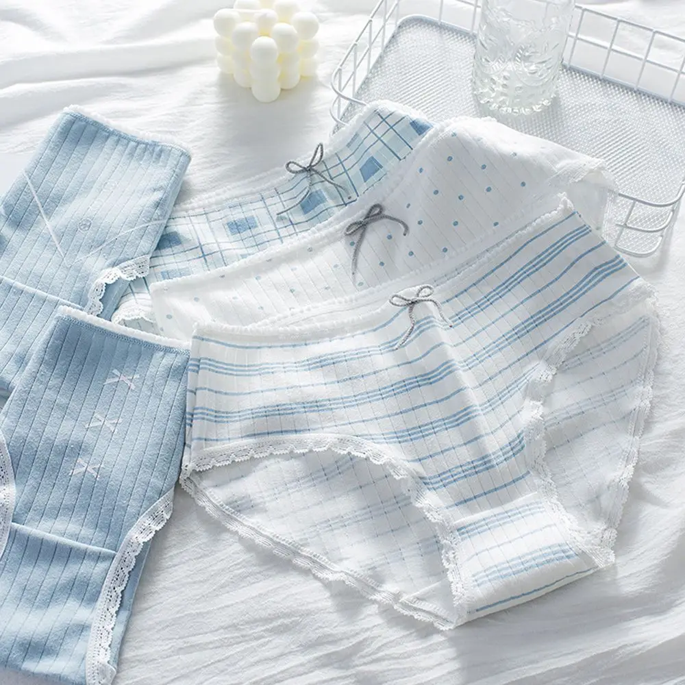 

Korean New Style Lace Cute Plaid Bowknot Underpants Printed Cotton Mid-waist Cotton Crotch Breathable Girl Underwear