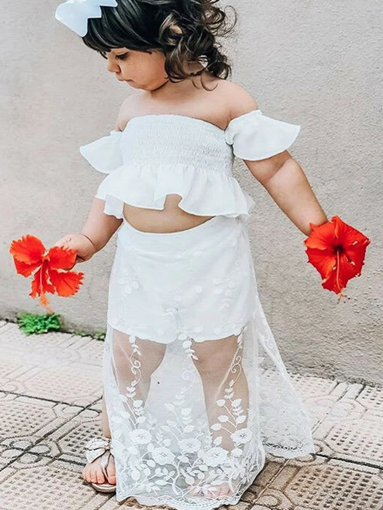 Комплект из 2 предметов для маленьких девочек кружевные топы с открытыми плечами