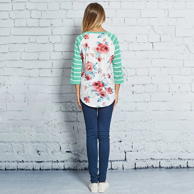 

Women T-shirt Ladies Long Sleeve Flower Top Printed Shirt Striped Casual Tops Loose Pullover Harajuku Summer Fashion
