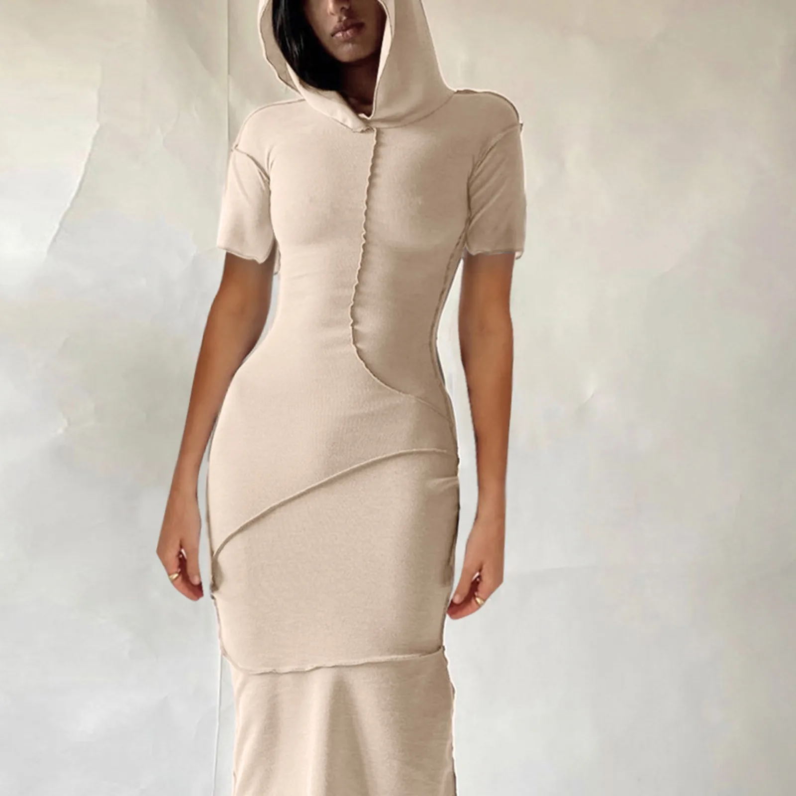 

Dresses For Women 2021 Summer New Short Sleeves Punk Style Stitching Hooded Slim Long Maxi Dress Vestidos Mujer Verano#G