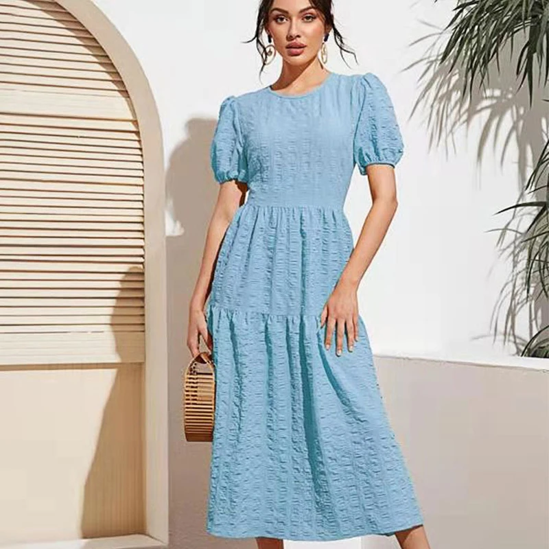 Женские платья для отпуска в стиле бохо элегантные до середины икры с круглым