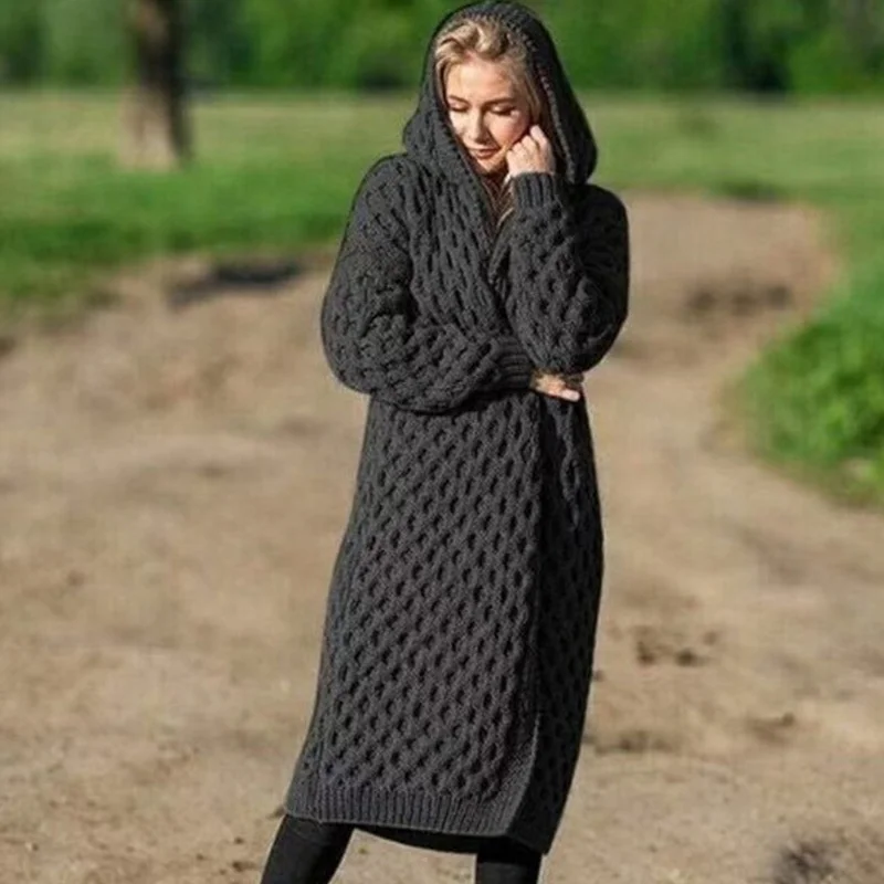 Black ash Плюс размер 5XL с капюшоном, вязаный кардиган для женщин, скрученный вязаный женский длинный кардиган, Осень-зима, свитера, пальто для женщин - Цвет: Black ash
