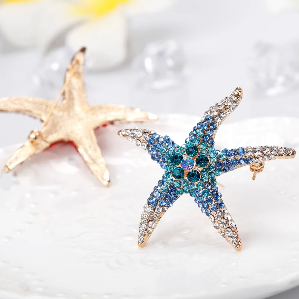

New Vintage Style Starfish Sea Stars Diamante Brooch Blue Crystal Broach Pin Gift