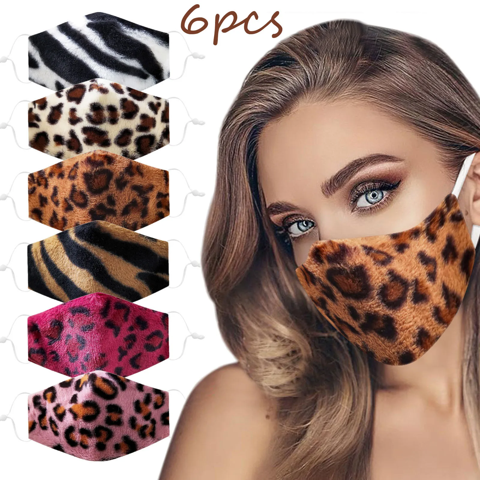 

6PCS Unisex Mascarilla Women Leopard Print Mask Adjustable Winter Warm Respirator Mouth Cover Washable Face Mask masque D09