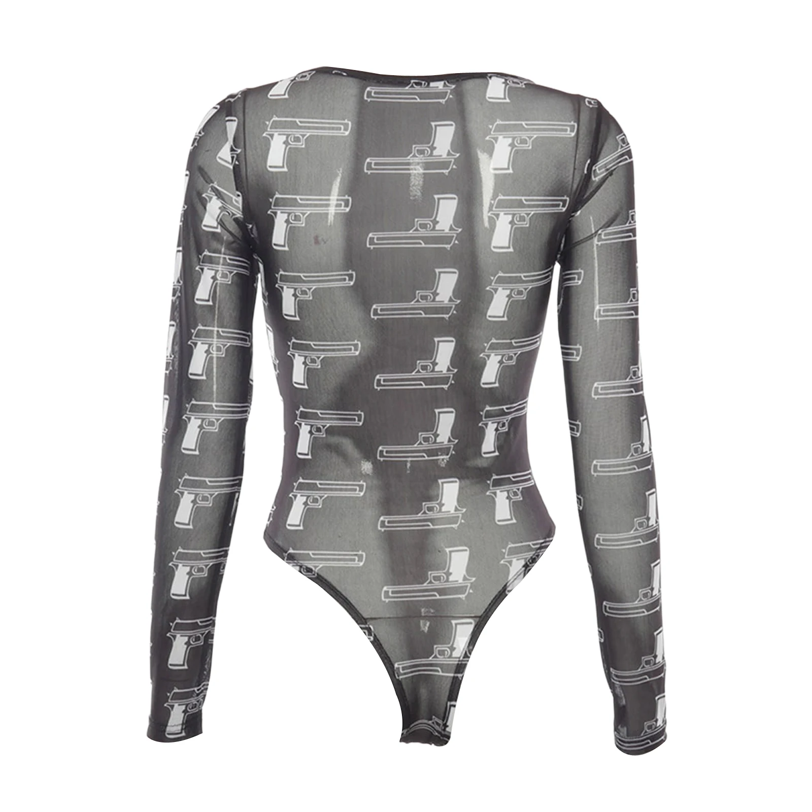 

Women See Through Black Pattern Jumpsuit Long Sleeves Round Neck Triangle Crotch Transparent Sexy Slim Bodysuit Spring Autumn