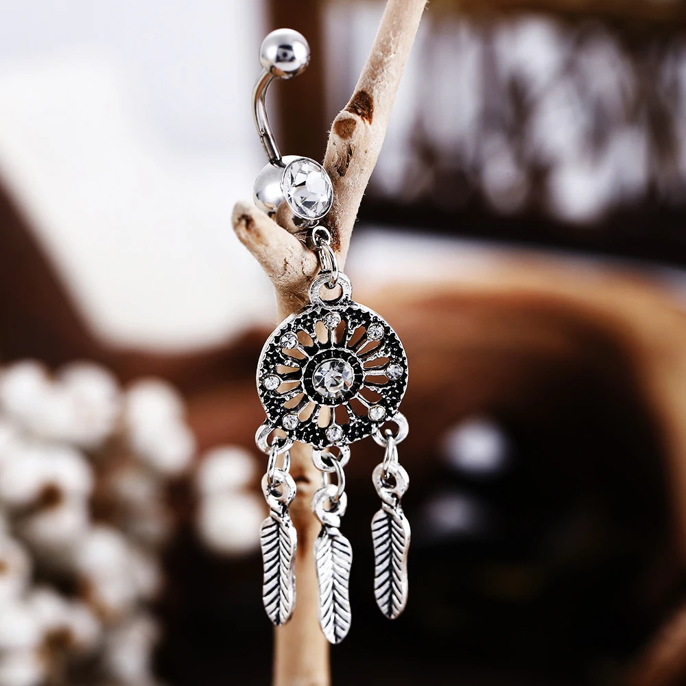

New Dangle Dreamcatch Punk Tassel Rhinestone Body Piercing Costume Dangle Crystal Navel Belly Button Bar Barbell Rings