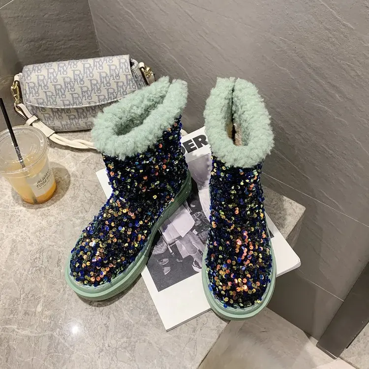 

2021Winter Women boots Snow Boots High Add wool Warm sequins shoes zip shoes female boots Big yards platform boots