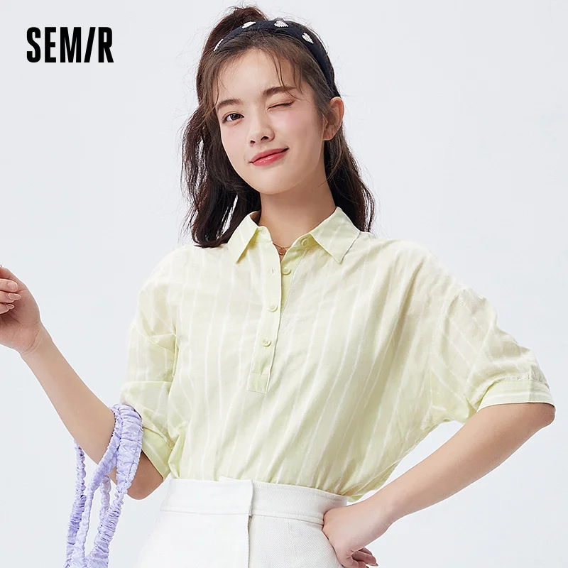 

SEMIR Mid-Sleeve Shirts Women Loose Simple Striped Puff Sleeve Blouse 2021 Summer New Macaron Girl Sweet Shirt Ladies