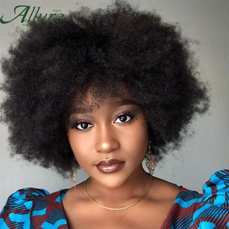 

Natural Black Afro Kinky Curly Wigs Human Hair For Black Women Allure Brazilian Short Fluffy Hair Wigs Brown Burg Wig With Bangs