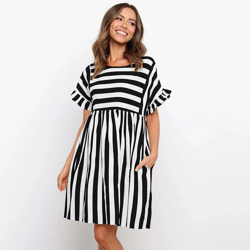 

Striped Print Patchwork Color Women Dress Fashion Ruffled Short Sleeve O-neck Pocket Female Streetwear Sundress Femme 2021