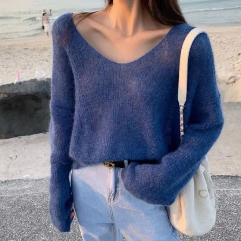 Autumn Women Knitted Sweater Solid Color Mohair Pullover V Neck Sweet Loose Long-sleeve Knitwear Sweaters jumper pull femme Tops | Женская