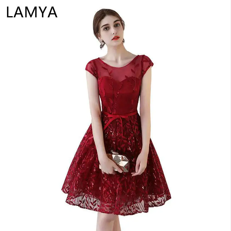 

LAMYA Wine Red Short Evening Dresses Elegant O Neck 2022 Prom Party Gowns Appliques Sequined Vestido De Festa