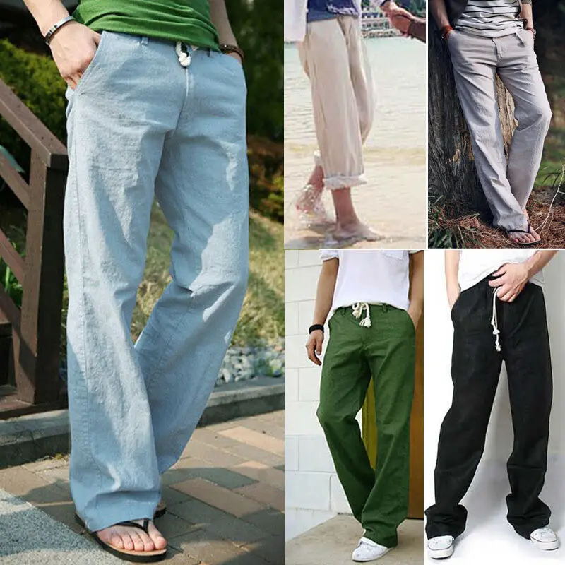 Мужские льняные свободные длинные брюки размера плюс на завязках пляжные