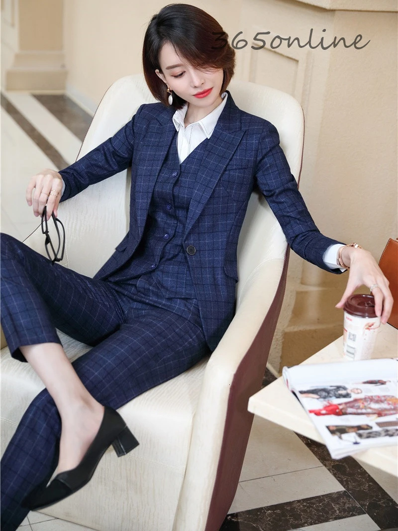 Высокое качество ткань мода плед Осень Зима Формальные женские деловые костюмы